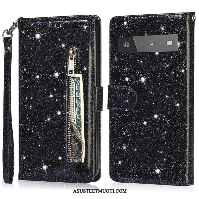 Flip Case Google Pixel 6 Pro Glitter Kolikkopussi