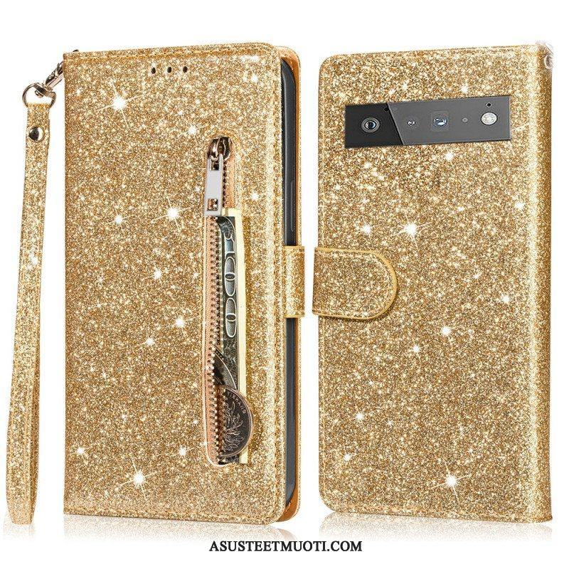 Flip Case Google Pixel 6 Pro Glitter Kolikkopussi