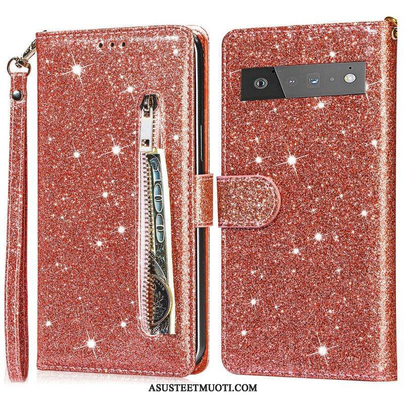 Flip Case Google Pixel 6 Pro Glitter Kolikkopussi