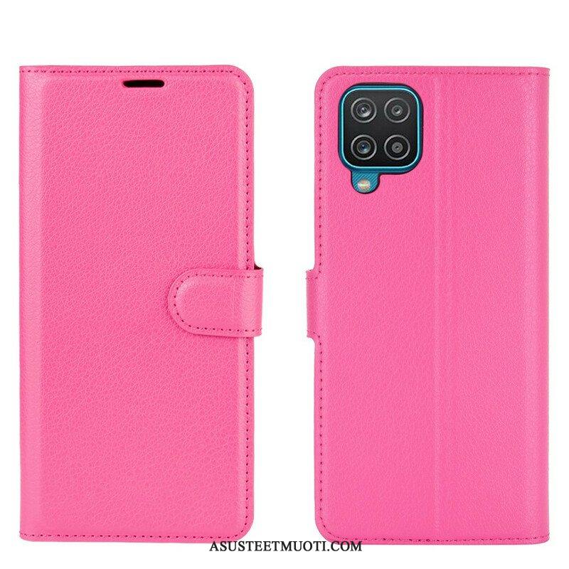 Flip Case Samsung Galaxy M12 / A12 Klassinen Litsi Tekonahka