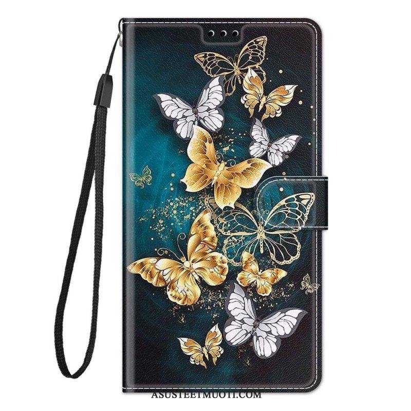 Flip Case Samsung Galaxy M53 5G Suojaketju Kuori Strap Butterflies Fan