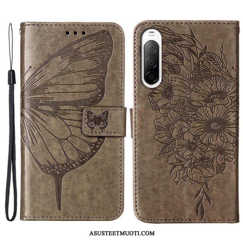 Flip Case Sony Xperia 10 IV Perhonen Kaulanauhalla