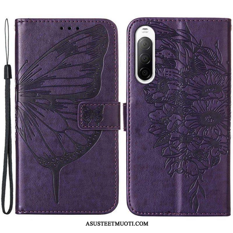 Flip Case Sony Xperia 10 IV Perhonen Kaulanauhalla