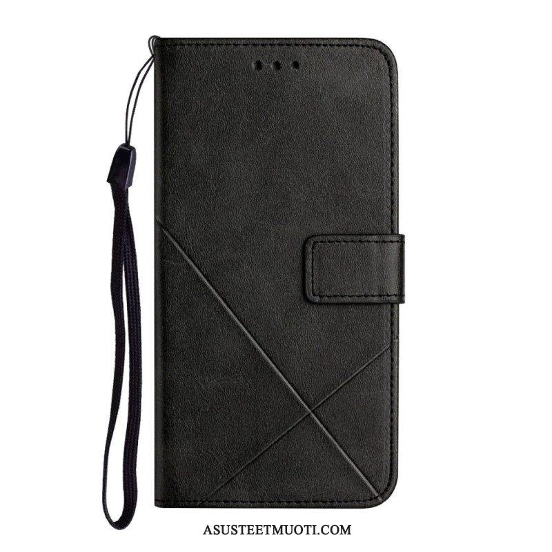 Nahkakotelo Samsung Galaxy A14 / A14 5G Suojaketju Kuori Strappy Geometric Leather Style